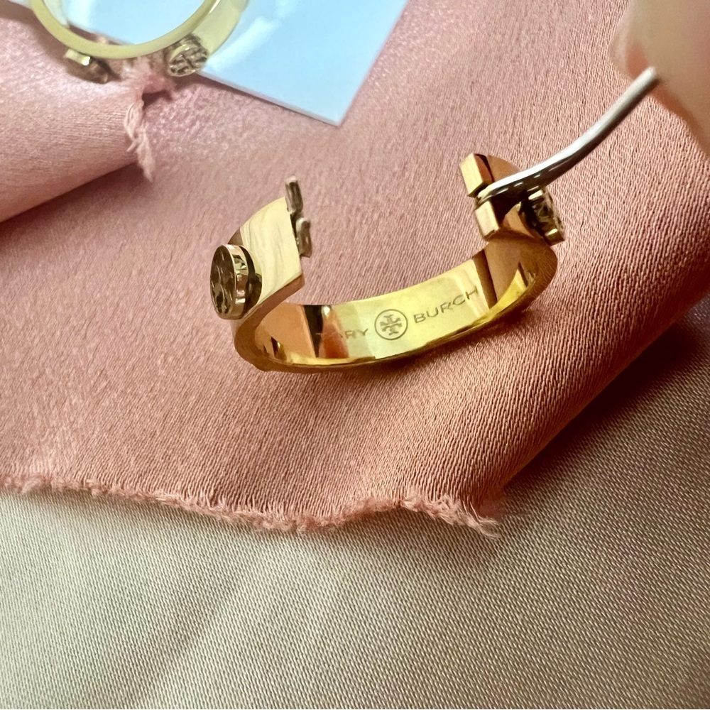 Tory Burch Miller Goldtone Logo Small Hoop Earrings - Picture 7 of 11